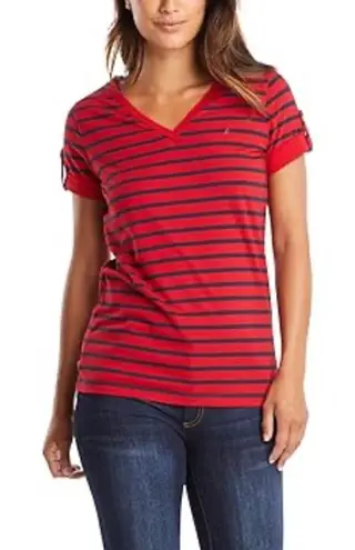 Nautica  Women's Red and ble Striped Tee - Image 1