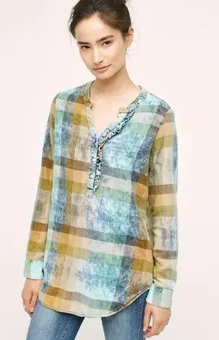 Anthropologie Anthro Isabella Sinclair plaid ruffle henley