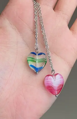 Handmade retro vintage fairy whimsical style quality Czech glass green & blue heart bead simple necklace🩵