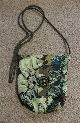 Handmade EUC Tapestry Cat Design Cross Over mini Purse Beige Light Weight VTG
