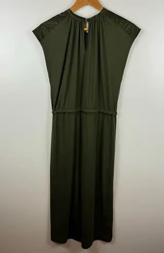 Heartloom  Rubie Satin Trim Belted Midi Dress in Olive Green Sz‎ M | Flowy Comfy