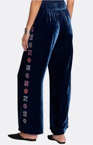 Johnny Was Velvet Wide Leg Pants Embroidered Blue Silk Blend NEW