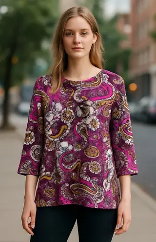 d & co. Floral Paisley Print Top Purple Gold White 3/4 Sleeve Blouse L Purple Size L