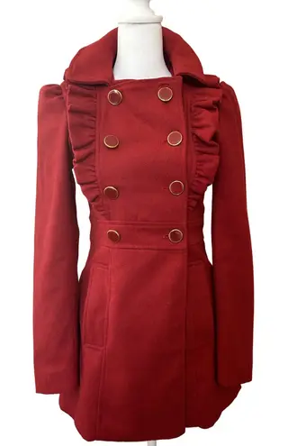 Say What? Red double-breasted ruffle coquette romantic feminine wool blend pea coat XS