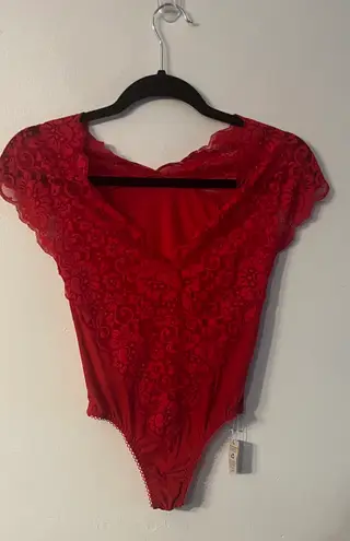 Revolve HAH Lady Like XS Rouge Red Lace Deep V-Neck Short Sleeve Bodysuit NWT - Image 1
