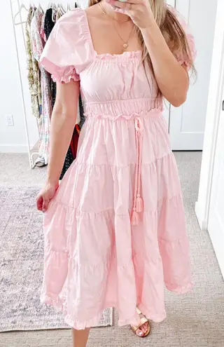 Moon River Light Pink Babydoll Peasant Midi Dress