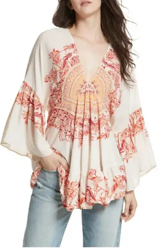 Free People Sunset Dreams Boho Ruffle Tunic Top Shirt Size Small Red