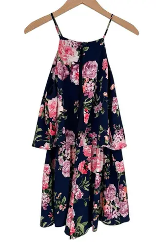 Lulu’s In the Garden Navy Blue Floral Print Romper size Large Apron Neckline