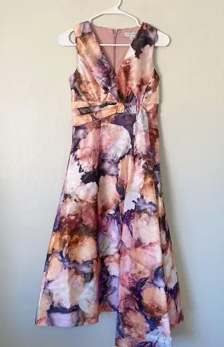 Kay Unger Lani Abstract Floral Print metallic Organza Formal Midi Dress Size 0