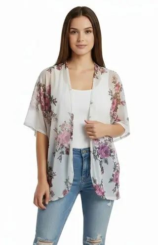 Discreet Kimono Shirt Cover Up Womens White Pink Floral Short Sleeve Loose