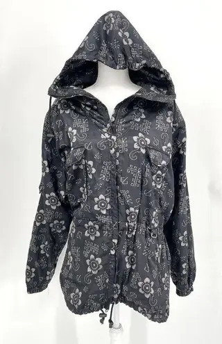 Vintage Nils Skiwear womens black Floral Graphic hooded ski jacket Size 10 Black