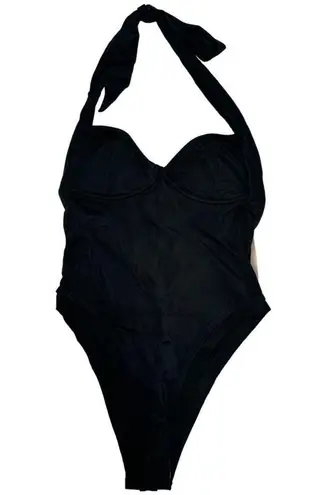 We Are HAH Size S Pull Thru 1 Piece Bodysuit Swimsuit Black Cheeky Halter NEW