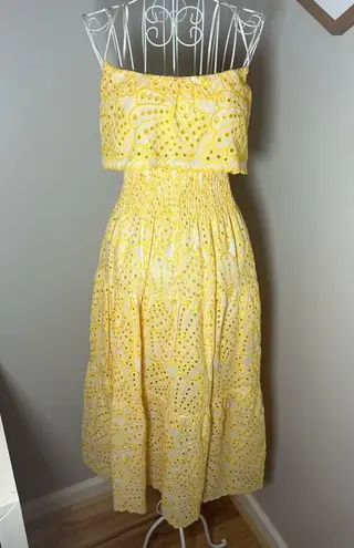 Elan Eyelet Yellow Embroidered Midi Ruffle Dress Size M Cotton Smocked