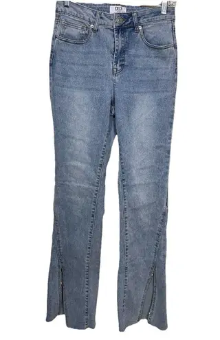 BBJ Los Angeles Jeans Womens Size 5 (27)Blue Flare Rhinestone Front Slit Raw Hem Blue