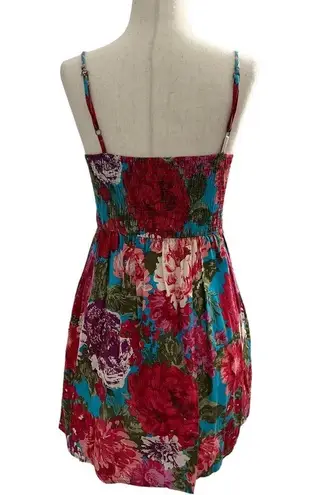 Xhilaration  Women’s Size XS Floral Dress Smocked Back Red Blue Multicolor #11•4