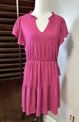 London Times Womens Tiered A Line Dress Pink Stretch V Neck Cap Sleeve M New