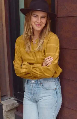 Faherty • Harper Top In Aspen Gold Plaid cotton flannel ruffle button down