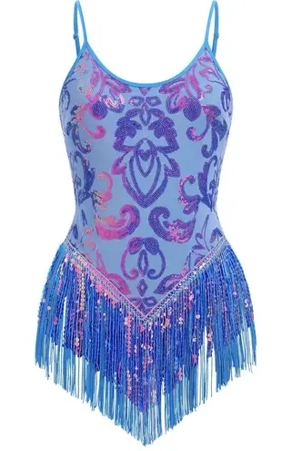NWOT Sequin Fringe Bodysuit Sparkly Tassel Dance Rave Costume XS Blue