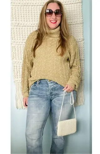 Vintage gold metallic sparkle ribbed knit turtleneck tunic sweater size medium M