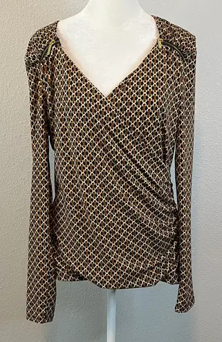 Michael Kors Chain Print Faux Wrap Blouse Tan/Brown Size Large Brown