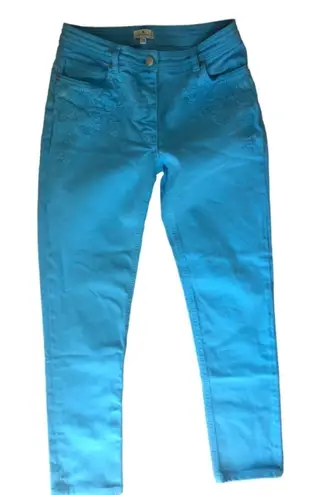 ETRO Embroidered Skinny Ankle Jean 26X28 Bright Sky Blue Italian Cotton Stretch Size 26