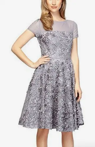 Alex Evenings Gray Lace Sequins Rosette Mesh Illusion Flare Party Dress Size 8 - Image 1