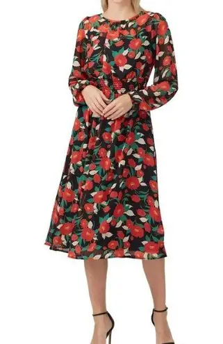 Floral Midi Dress Louna Colorful Garden Girl Fairy Romantic Modest Small Stretch Red