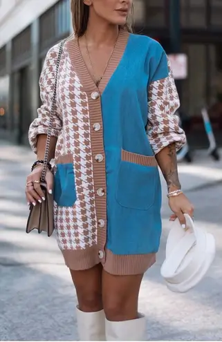 By Egreis Houndstooth Denim Patchwork Cardigan Sweater Brown Tan