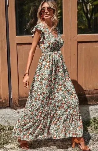 Ditsy Floral Ruffle Trim V Neck Smocked Waist Boho Maxi Dress M L XL Nwt Green Size M
