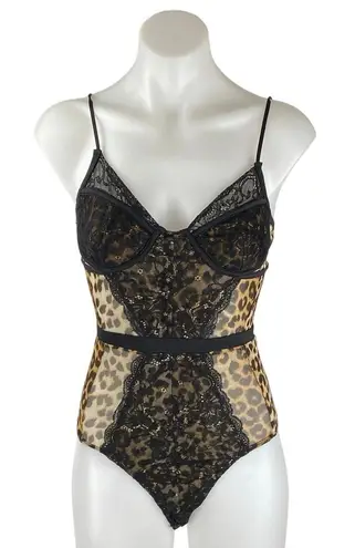 Women's Black Beige Floral Lace Sleeveless Leopard Cami Tank Bodysuit Top Size S