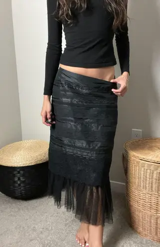 vintage 90s y2k black silk tiered lace fairy goth tulle low rise midi maxi skirt Size XS