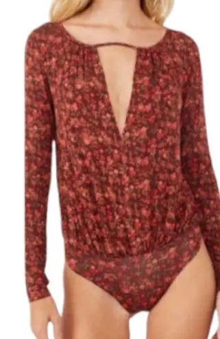 Free People Intimately Kaya Print Cutout Bodysuit Chocolate Combo Womens Medium Red