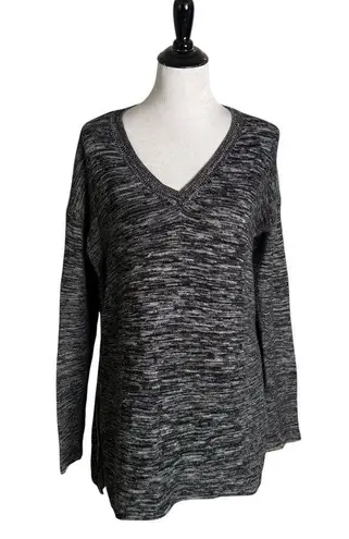 Ellen Tracy Gray Black Marled Knit Sweater V Neck Long Sleeve Pullover Size L