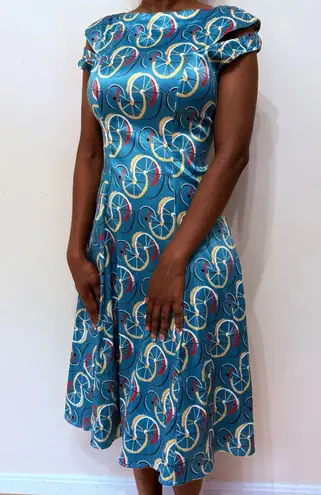 New Tatyana Cruiser Dress Blue Bicycle Wheels Swing Midi Dress Women's Size S