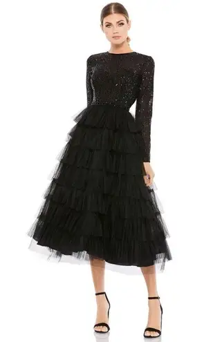 Mac Duggal 26299 Long Sleeve Ruffle Tiered Midi Dress Black 14 Stretch