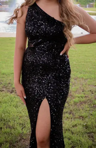 Primavera Couture Black Sequin Prom Dress