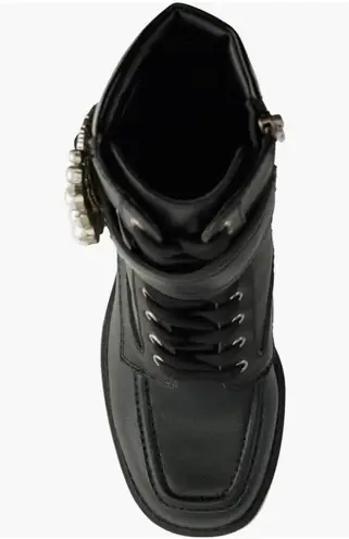 Karl Lagerfeld Black Leather Pearl Dottie Lace-Up Ankle Boots Heels Booties