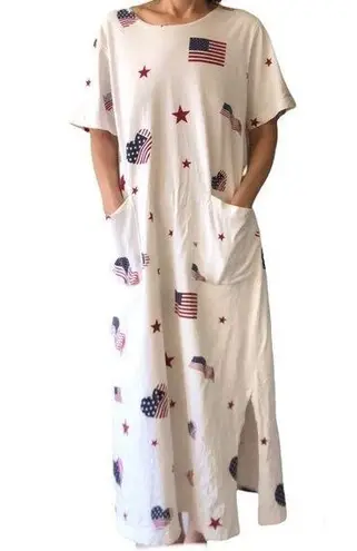 AMERICANA White T Shirt Dress Flags & Stars Patriotic Vintage Made in USA Size M
