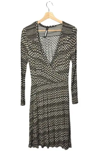Plenty By Tracy Reese Tan & Black Printed Faux Wrap Long Sleeve Dress S