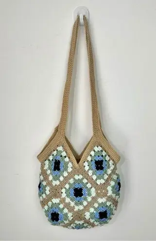 Handmade Crochet Granny Square Shoulder Tote Bag Green Tan Black