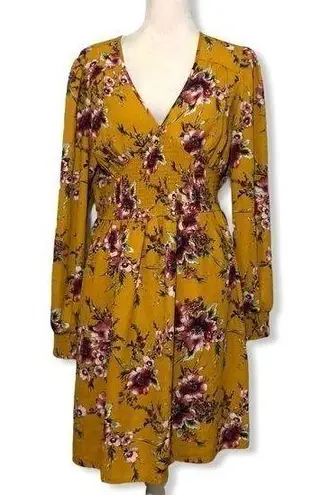 Xhilaration NWOT Gold Yellow Floral Long Sleeved Smocked Dress