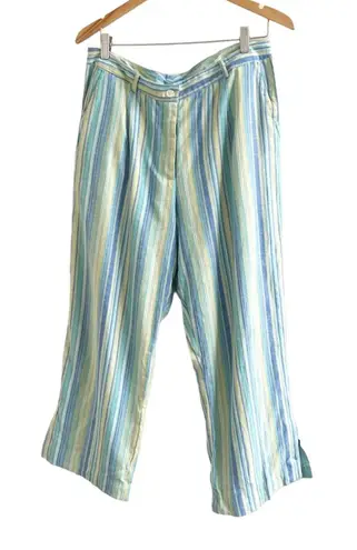 Norm Thompson Linen Blend Wide Leg Striped Cropped Pants Size 14 Beachy Green