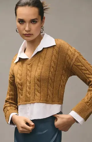 Pilcro Anthropologie Tan Cropped Cable-Knit Twofer Long Sleeve V-Neck Sweater