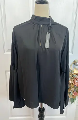 T Tahari Blouse Womens Size S Black Mock Neck Keyhole Large Bell Sleeve Chic