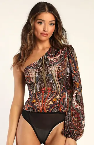 NWT Lulus Womens Mesmerizing Sight Paisley Print One Shoulder Bodysuit Size S Black