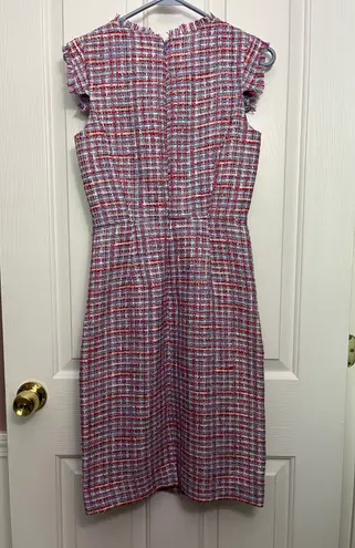 J.Crew  Tweed Blue And Pink Woven Pattern Sheath Dress Sz 00 With Fringe