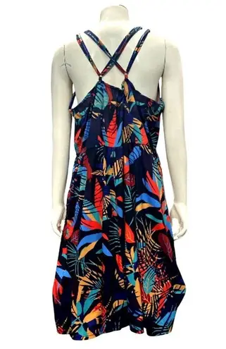 CCC Colorful Bohemian Style Spaghetti Strap Dress V Neck Tropical Leaf Print Med Blue Size undefined