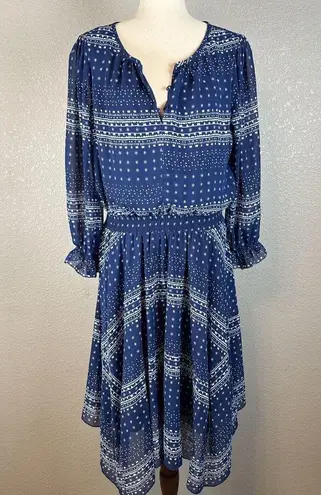 Shoshanna Womens Pacific Geometric Print Dress Size 10 Navy Blue 3/4 Sleeve