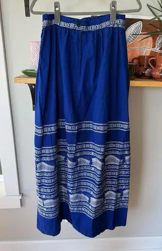 Vintage Grecian Cobalt Blue White Embroidered Cotton Floor Length Maxi Skirt S