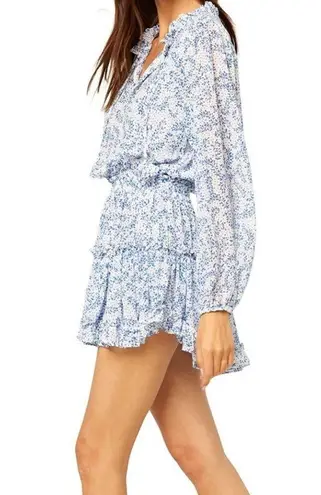 MISA Los Angeles Lorena Dress White and Blue Floral Print Tiered Swing XS XSmall